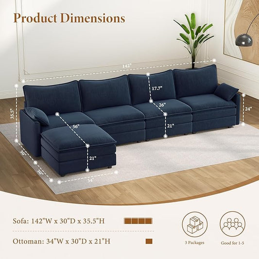 Vesgantti 142" Cloud Couch Sectional Modular Sofa, Comfy Sectional Couch with Ottoman Deep Seat Chenille L Shaped Sofa, Modular Couches for Living Room, Bedroom and Apartment, Blue | Sink-in Comfort, Height Adjustable, Easy Rearrangement, Extra-deep Ot...