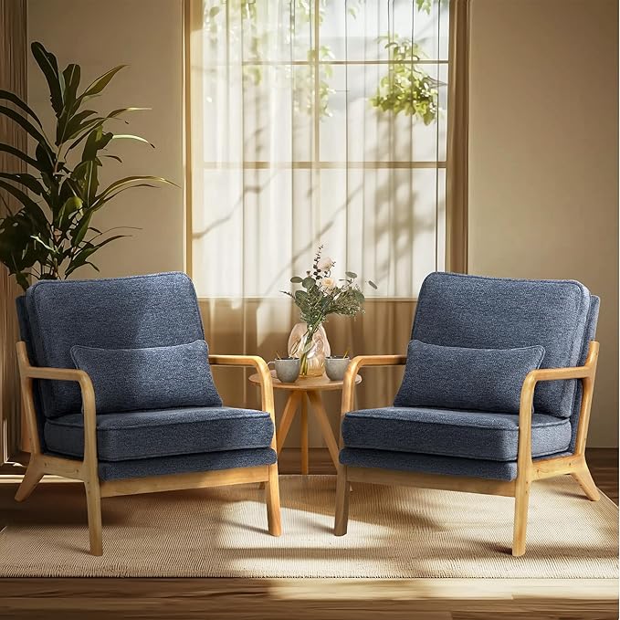 COLAMY Mid Century Modern Accent Chair with Lumbar Pillow, Relaxing Armchair with Solid Wood Frame & Soft Cushion, Reading Leisure Chair for Living Room,Bedroom,Waiting Room(Blue)
