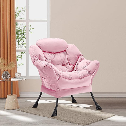 Lazy Chair Thick Padded, Comfy Velvet Accent Lounge Chair with Stable Frame, Leisure Sofa Armchair with Armrests and Side Pocket, Reading Chair for Bedroom, Living Room, Office, Pink