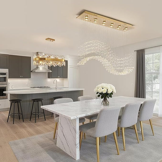 Siljoy 10-Lights Modern Crystal Chandeliers, Luxury Wave Raindrop Crystal Pedant Light Fixture, Rectangular Flush Mount Ceiling Light for Dining Room Living Room Kitchen Island 47 Inch