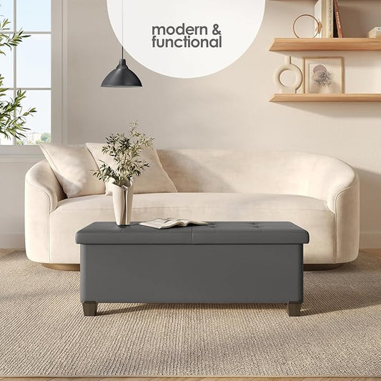 Storage Ottoman Bench with Bins, 43-in Storage Bench for Bedroom End of Bed, Folding Foot Rest Ottoman for Living Room Max 660lbs, Faux Leather Ottomans, Grey