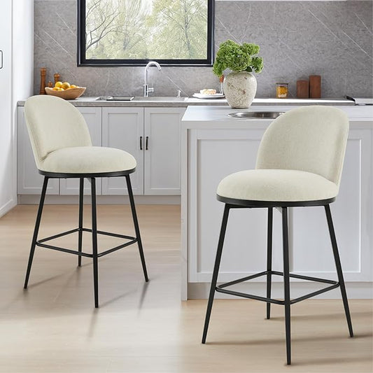 Swivel Bar Stools Set of 2, 26" H Upholstered Linen Fabric Barstools with Backs,Counter Height Stools with Metal Legs for Kitchen Island,Linen,1 Box