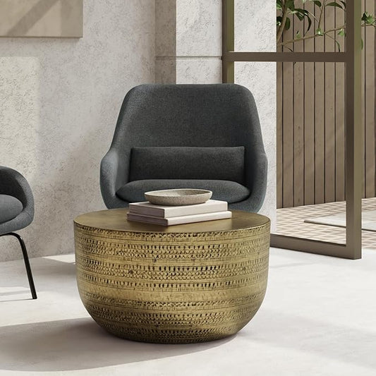 SIMPLIHOME Johnsen Metal Coffee Table - 30 inch Wide Solid Metal Round Drum Accent Table in Antique Gold, Boho Coffee Table for Living Room or Bedroom with Decorative Textured Design, Assembled