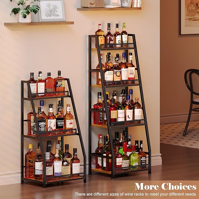 4-Tier Trapezoid Liquor Stand for Home Bar, Stepped Wine Rack Freestanding Floor for Liquor Whiskey Wine, Versatile Corner Wine Bottle Display Stand with Fences, Vintage Brown(Patent Pending)