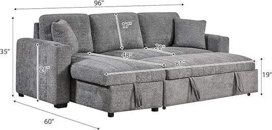 ERYE 96-Inch Oversized Reversible Corner Sleeper Sectional Sofa Bed for Living Room Office,L-Shaped Boucle Upholstered Convertible Pull Out Sleeper Couch Bed W/Storage Chaise | Cupholders, USB-C Ports, Channel Tufted