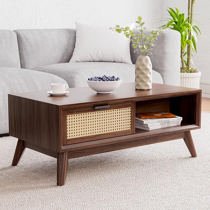 Bme Solid Wood Jasper Coffee Table with Storage, Accent Rattan Design, Perfect for Living Room, Walnut