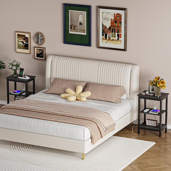 VECELO Side/End Storage with Shelf Versatile Nightstands Lamp Table Living Room Bedroom Furniture, Shelves, Classic Black