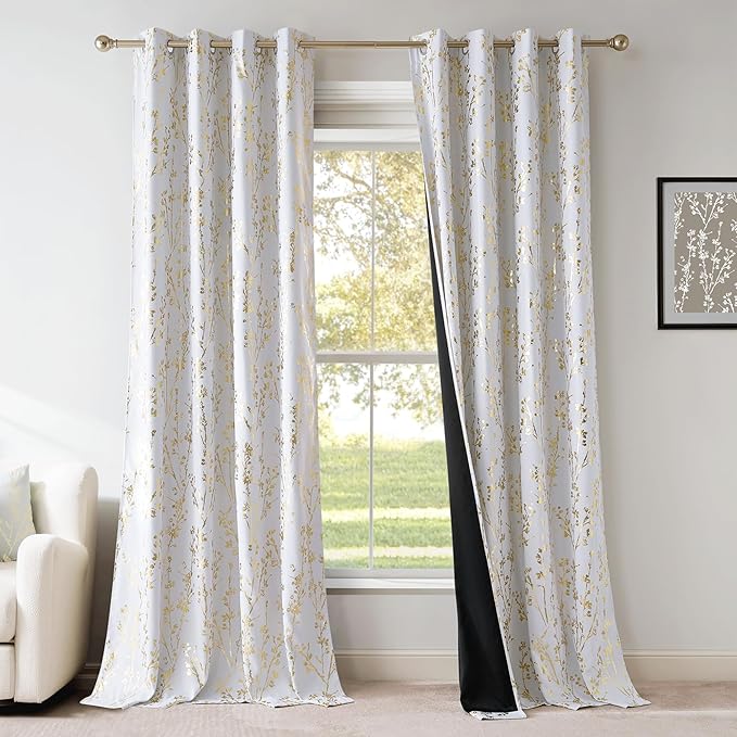 NICETOWN 100% Blackout White Curtains 63 inch Long, Grommet Branch Pattern Gold Foil Printed Window Treatments Room Darkening Drapes for Bedroom, W52 x L63, 2 Panels