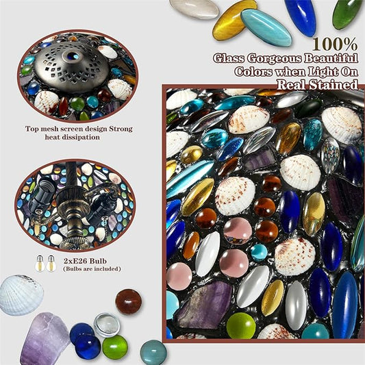 Tiffany Table Lamp,Stained Glass Lamp with Natural Shell,12" Vintage 2-Light Handmade Tiffany Style Lamp,Tiffany Bedside Light for Bedroom Living Room Office(2 LED Bulbs Included)