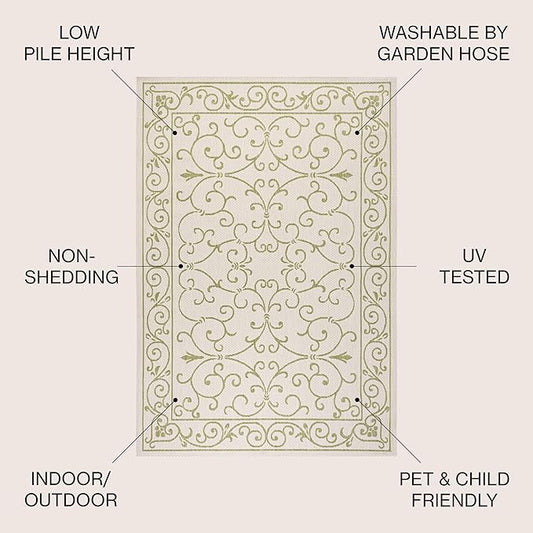 JONATHAN Y Vintage Filigree Indoor Outdoor Square Area Rug 5X5 Cream/Green, Charleston Textured Weave for Backyard, Patio, Porch, Easy-Cleaning, High Traffic, Pet-Friendly, Non-Shedding (SMB106I-5SQ)
