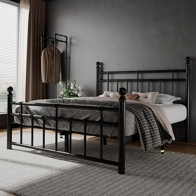 Feonase Full Size Metal Platform Bed Frame with Victorian Classic Iron-Art Headboard & Footboard, Heavy Duty Slats, 12" Under Bed Storage, No Box Spring Needed, Easy Assembly, Noise-Free, Black