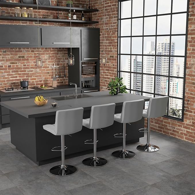 COSTWAY Adjustable Bar Stools Set of 2, Modern Swivel PU Leather Bar Chair with Backrest, Soft Cushioned Seat, Footrest, Sturdy Metal Frame, Comfortable Barstools for Kitchen Island, Pub, Grey
