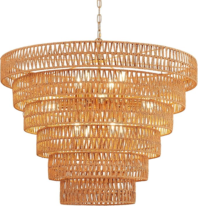 31.5“ Hand-Woven Rattan Chandelier Vintage Farmhouse 12-Lights Boho Bamboo Large Chandeliers Light Fixture 6-Tier Drum Wicker Golden Chandelier for Dining Room, Living Room, Kitchen, E12