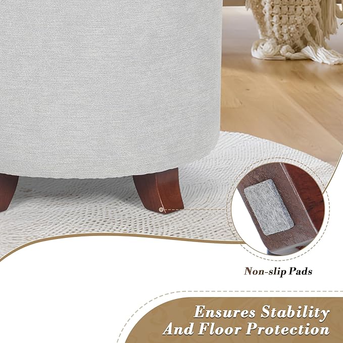 Athena Collection 20 Inch Small Ottoman with Storage, Round Linen Fabric Storage Ottoman with Removable Lid, Stylish Footstool Foot Rest for Living Room, Bedroom, Dorm, Grey