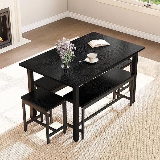 GarveeHome 5 PCs Dining Table Set for 6-8 People, 63 in Extendable Kitchen Table Set with 2 Benches and 2 Square Stools, Modern Dining Room Furniture Sets, Easy Assembly, Black