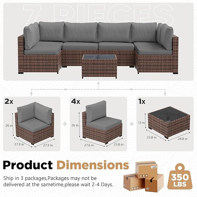 LHBcraft 7 Pieces Outdoor Wicker Rattan Patio Furniture, Wicker Rattan Outdoor Sectional Sofa Set with Coffee Table & Gery Cushions for Garden, Poolside