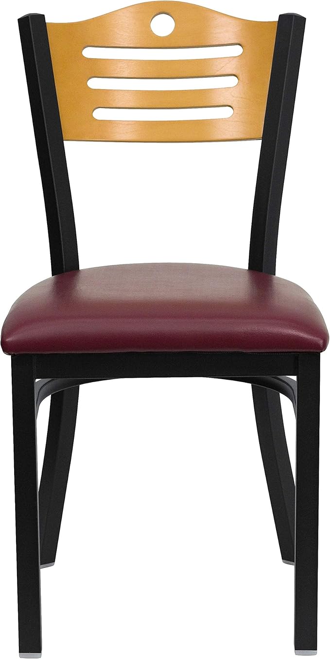 Flash Furniture HERCULES Series Black Slat Back Metal Restaurant Chair - Natural Wood Back, Burgundy Vinyl Seat