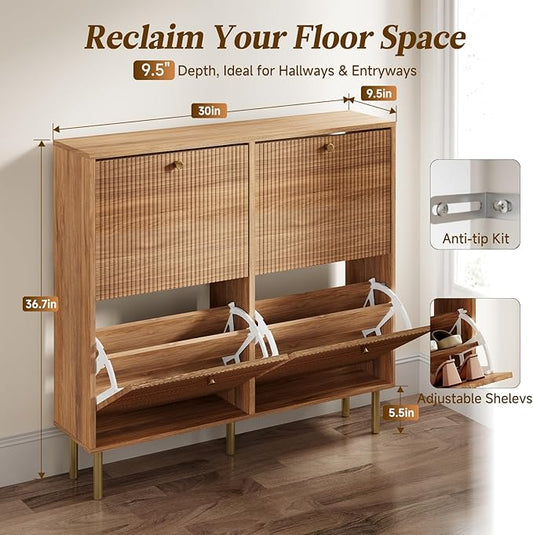 Nicetree Shoe Storage Cabinet for Entryway - 4 Flip Drawers Shoe Cabinet with Tiered Fluted Design - Slim Shoe Storage Rack with Gold Legs - Narrow Shoe Cabinet Hidden Shoe Organizer for Small Spaces