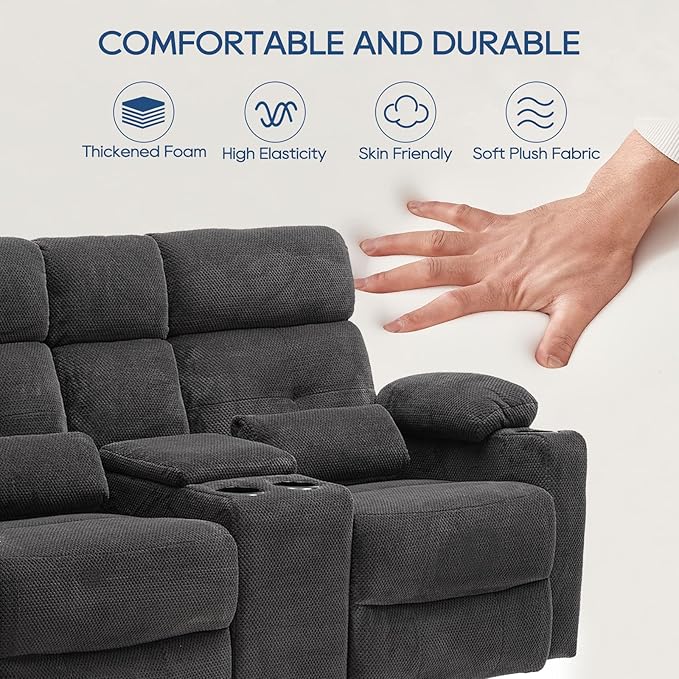 68'' RV Power Reclining Loveseat with Heat and Massage| RV Loveseat Recliner Sofa with Console| Double Reclining Couch with Cup Holder | Loveseat ReclinerTheater Seating(Fabric,Gray) | Double Seat, Electric Recliner