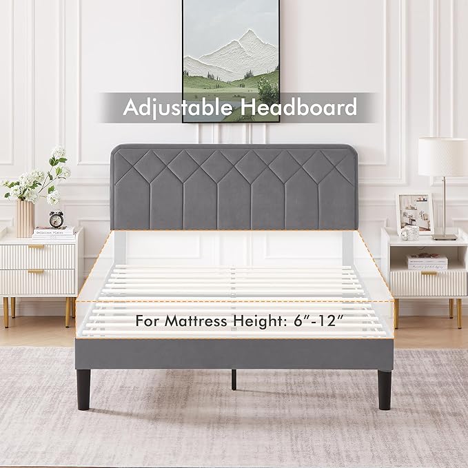VECELO Queen Size Bed Frame, Velvet Upholstered Platform with Adjustable Headboard, Mattress Foundation with Solid Wood Slats, No Box Spring Needed, Easy Assembly