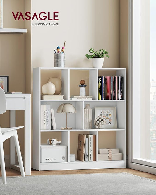 VASAGLE Custos Collection - Bookshelf, 3-Tier Bookcase, Book Shelf, Open Storage Shelf, 9.4 x 35.4 x 39.4 Inches, for Living Room, Home Office, Dining Room, Cloud White ULBC455W01