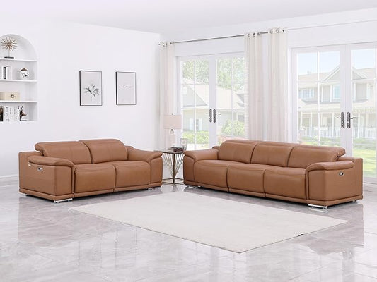 Blackjack Furniture Venice Top Grain Italian Leather Recliner 5 Seater 4 Power Reclining Seater 2 Piece Sofa Set with Adjustable Headrests Modern Seating Sofa and Loveseat for Living Room , Cognac