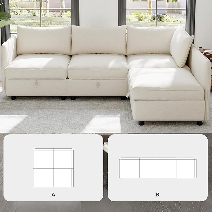 98.5-Inch L-Shaped 4 Seat Modular Sofa Deep Seat Storage Sectional Sofa Couch Free Combination with Storage Space, 4 Seat Chenille Upholstered L-Shaped Convertible Corner Couch for Home Apartment | Space Saving