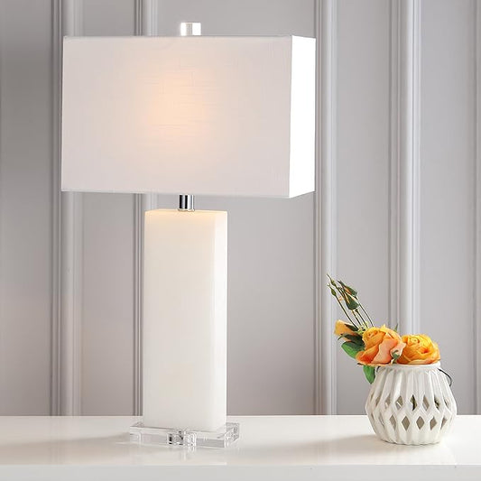 JONATHAN Y 27" White Alabaster and Crystal LED Table Lamp, Modern Glam Nightstand Lamp for Living Room Bedroom, White Linen Rectangle Shade, LED Bulb Included JYL2009A