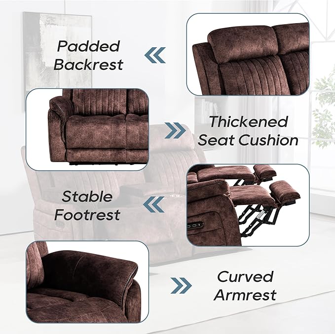 Zero Gravity Power Reclining Sofa with Adjustable Headrest, Electric Reclining Couch with Wireless Charge, USB Ports, Power 3-Seater Recliner Sofa with Drop Down Table, Outlet (Brown)