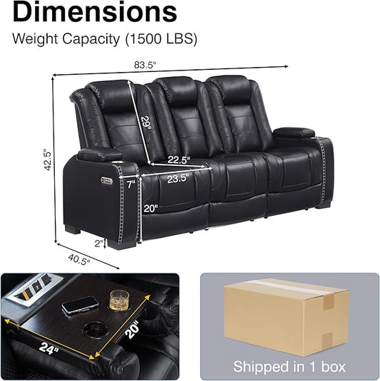 THSUPER Black Leather Power Recliner Sofa Couch with Arm Storage and Power Headrest, Leather Living Room Reclining Couch with Cup Holders and Wireless Charging. Black Sofa | Breathable material, LED ambient light, Reading light, Hidden outlet, USB and ...