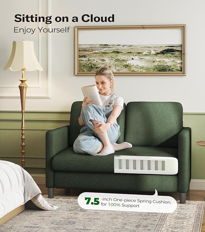 Welzona Loveseat, 51" Small Couch, Comfy Teddy Love Seat for Living Room, Tool-Free Setup Loveseat Sofa for Small Spaces, All-Wood Small Sofa Couch for Bedroom, No Pillow Included, Green