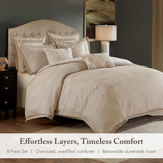 Madison Park Signature Queen Luxury Jacquard Comforter Set, Removable Duvet Cover with Insert, Oversized Overfilled Bedding, Hand-Guided Embroidered Texture Accents, Geometric Ivory, 8-Piece