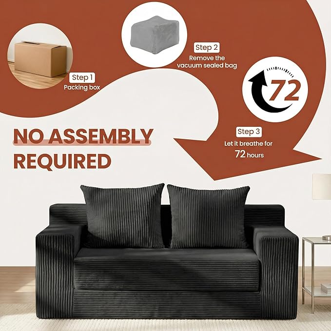Convertible 5 in 1 Futon Sofa Bed Full Size, Corduroy Boneless Couch Sleeper Sofa with 4 Pillows, Foldable Pull Out Loveseat Floor Mattress for Living Room, Apartment, Small Space & Dorm