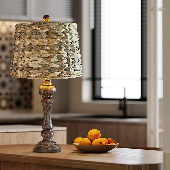 Maxax 26" Farmhouse Table Lamps Set of 2 for Living Room, Rustic Resin Bedside Lamp with Woven Rattan Shade, Boho Rattan Bedroom Lamp for Nightstand, Antique Brown