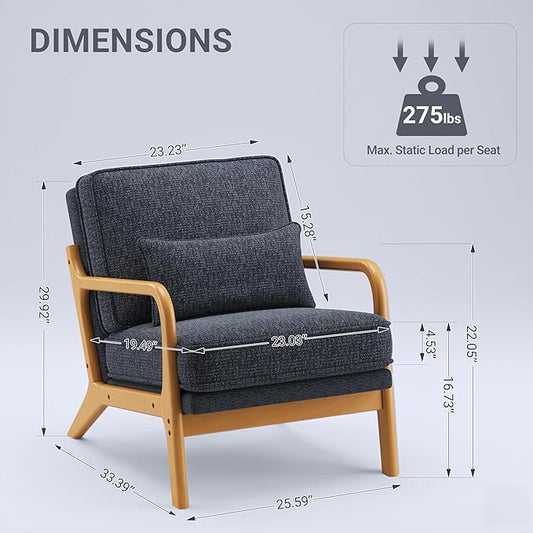 Accent Chair with Solid Wood Frame, Mid-Century Relaxing Armchair Lumbar Pillow& Soft Cushion, Reading Leisure Chair for Living Room, Bedroom, Waiting Room-Blue