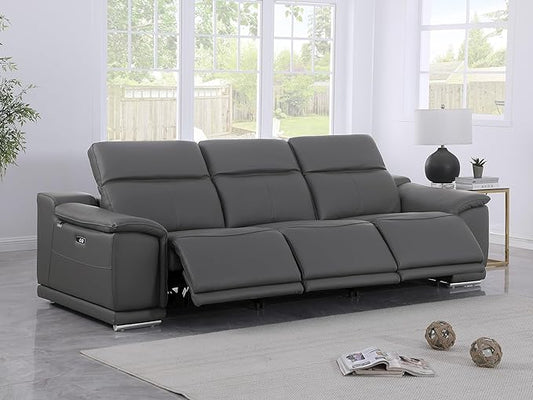 BlackJack Furniture Venice Top Grain Italian Leather Power Recline 3 Piece Sofa - 107" Theater Seating Modern Couch for Living Room Apartment Home with Adjustable Headrests & USB Port, Dark Grey
