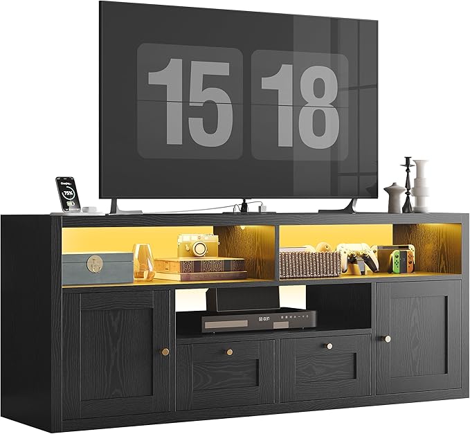 LIKIMIO Premium Black TV Stand with 1" Thick Top for 65" TV, Modern TV Console with LED Lights, Charging Station & Storage, High-End Entertainment Center for Living Room and Bedroom