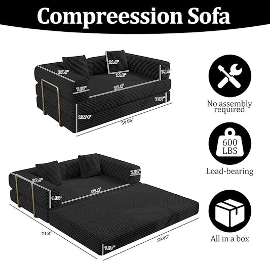 4-in-1 Foldable Sofa Bed Teddy Foam-Filled Compressed Couch Loveseat Sofa Boneless Foldable Convertible Sleeper Sofa Couch for Space Saving Living Room, Guest Bed, Playroom (Black, 53.15"Double Sofa)