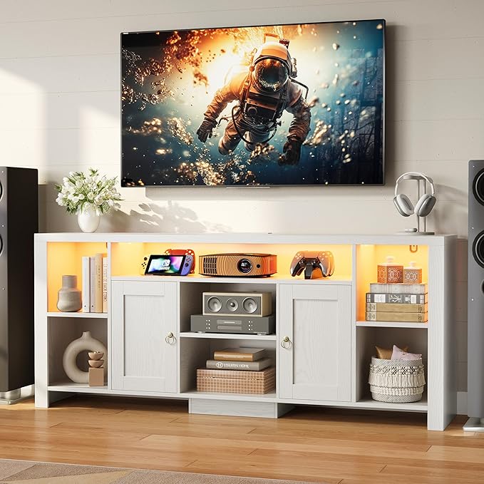 LIKIMIO TV Stand for TVs 80 inch with LED Lights & Power Outlet, Entertainment Center with Cabinets, Adjustable Shelves and Open Shelves, Modern Media TV Console Living Room, White