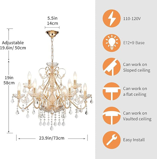 Saint Mossi Gold Crystal Chandelier for Dining Room, 9-Light Modern Chandelier Pendant Light, French Gold Crystal Raindrop Chandelier for Bedroom, Living Room, Foyer, H19 x D24