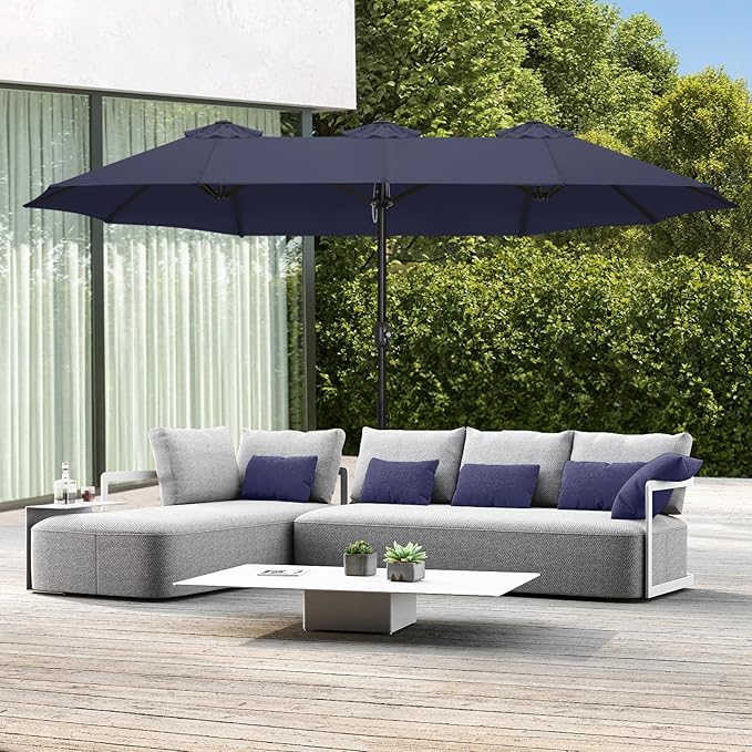 ABCCANOPY 15FT Patio Umbrella with Base, Outdoor Double-Sided Rectangle Umbrella Bonus Latch, Wights for Poolside, Lawn, Backyard (Navy Blue)