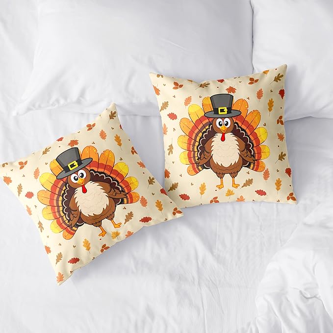 Turkey Pillow Covers 20x20 Set of 2 Thanksgiving Throw Pillow Covers Square Fall Leaves Pillow Case for Thanksgiving Decorations Living Room Couch