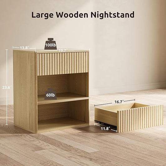 Nightstand Bedside Table Storage Drawer - Large Mid Century Modern Night Stand with Fluted Wood Drawer and Open Shelf Bed Side Table for Bedroom Study Room, Natural Oak, Set of 1