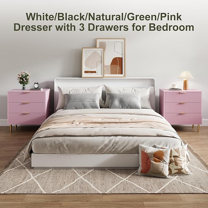IDEALHOUSE Pink Dresser, Modern 3 Drawer Dresser for Bedroom with Gold Handle and Large Drawer, Wood Double Chest of Drawers and Storage Organizer for Living Room, Hallway, Entryway