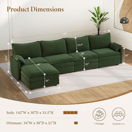 Vesgantti 142" Cloud Couch Sectional Modular Sofa, Comfy Sectional Couch with Ottoman Deep Seat Chenille L Shaped Sofa, Modular Couches for Living Room, Bedroom and Apartment, Green | Sink-in Comfort, Height Adjustable, Easy Rearrangement, Extra-deep O...