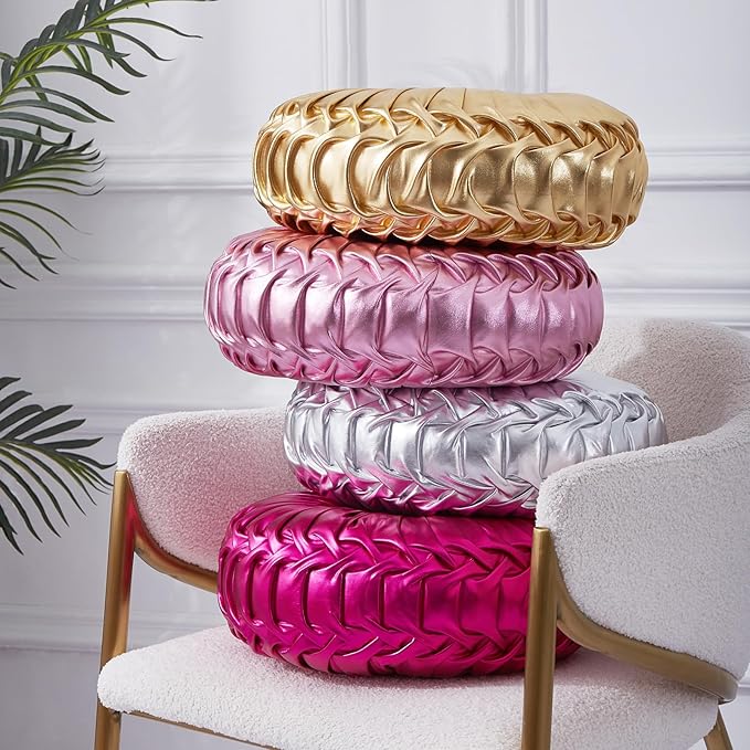 EUCIOR Round Throw Pillows,Pumpkin Pleated Handmade Metallic Throw Pillows,Silver Pillows,Modern Leather Decorative Pillowcases for Home Decor Bedroom Living Room Couch Bed Sofa (Silver)