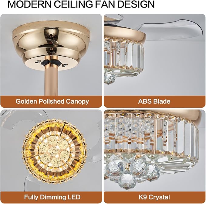 DuMaiWay 30" Golden Chandelier Ceiling Fan with Light Crystal Modern Fandelier Reversible Ceiling Fan Dimmable Retractable Timer for Dining Living Room Bedroom