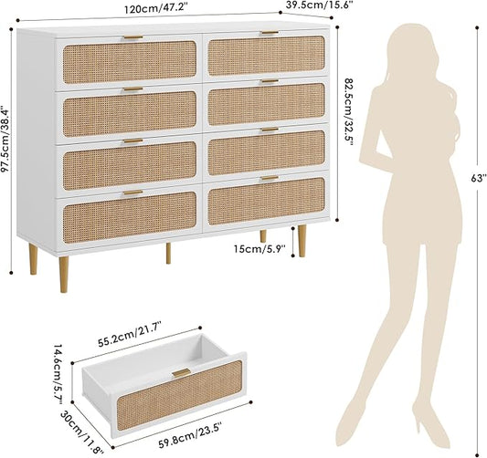 GarveeHome Rattan 8 Drawer Dressers for Bedroom, Tall Dresser with Deep Drawers, Large Chest of Drawers for Closet with Wide Top, Long Wooden Dresser for Living Room, Hallway, Kids Room, White
