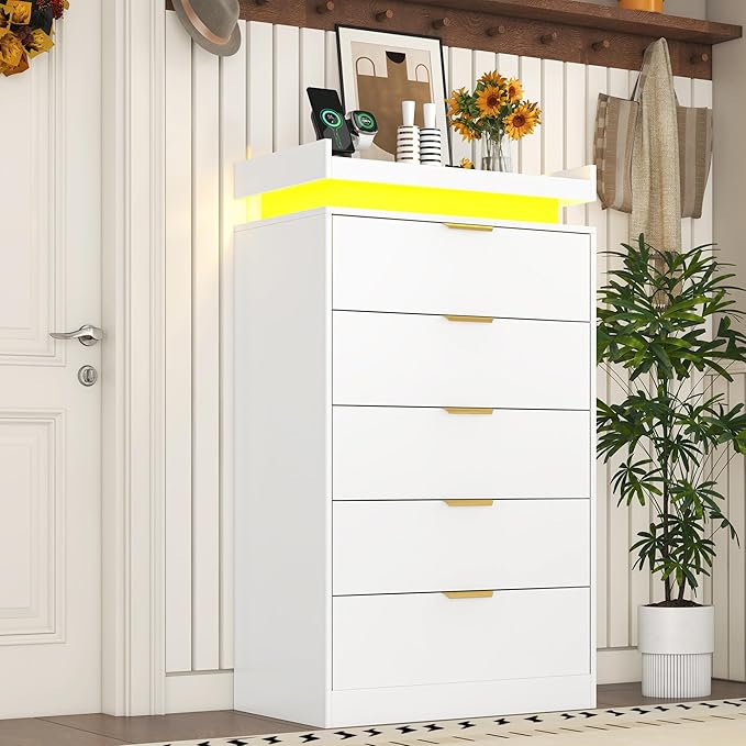 Tall Dresser for Bedroom, White Dresser with LED Lights, Wood 5 Drawer Chest with Power Outlet, Modern Chest of Drawers for Bedroom, Living Room, Entryway, Hallway