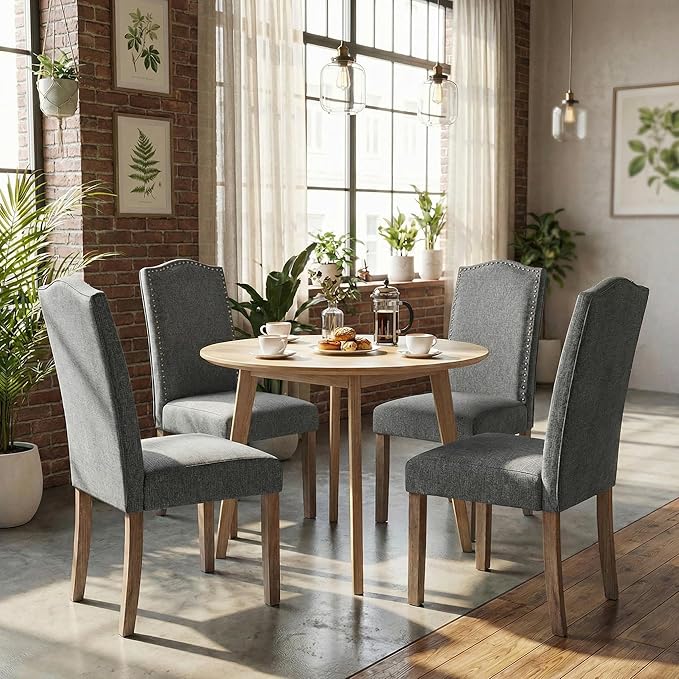 Upholstered Dining Chair Modern Stylish Parsons Kitchen Diner High Back with Silver Nailhead Trim & Wood Legs, Set of 2, Fabric Classic Grey